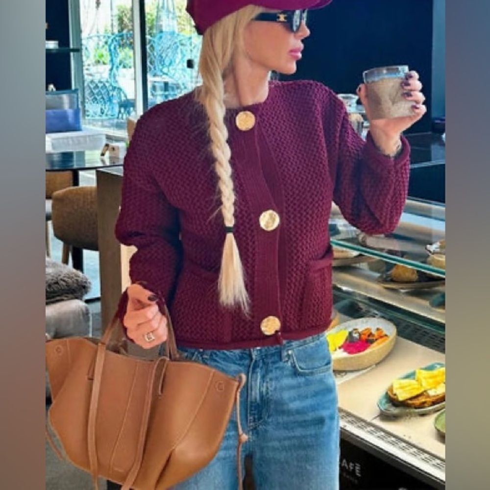Zara chunky knit cardigan in burgundy - Picture 3 of 16